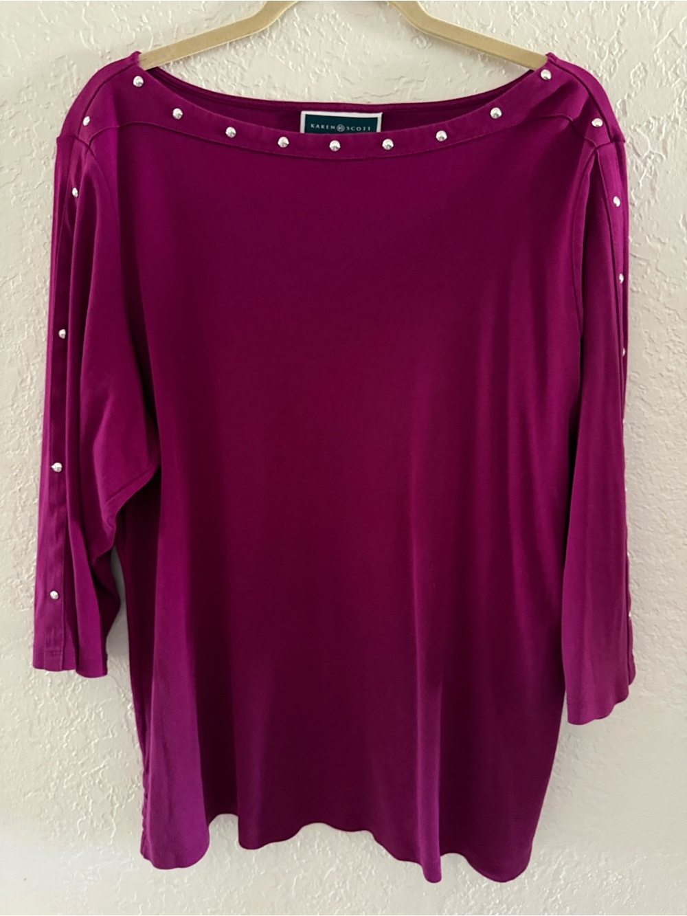 Karen Scott 2X Magenta Boatneck 3/4 Sleeve Top 100% Cotton Pre Owned